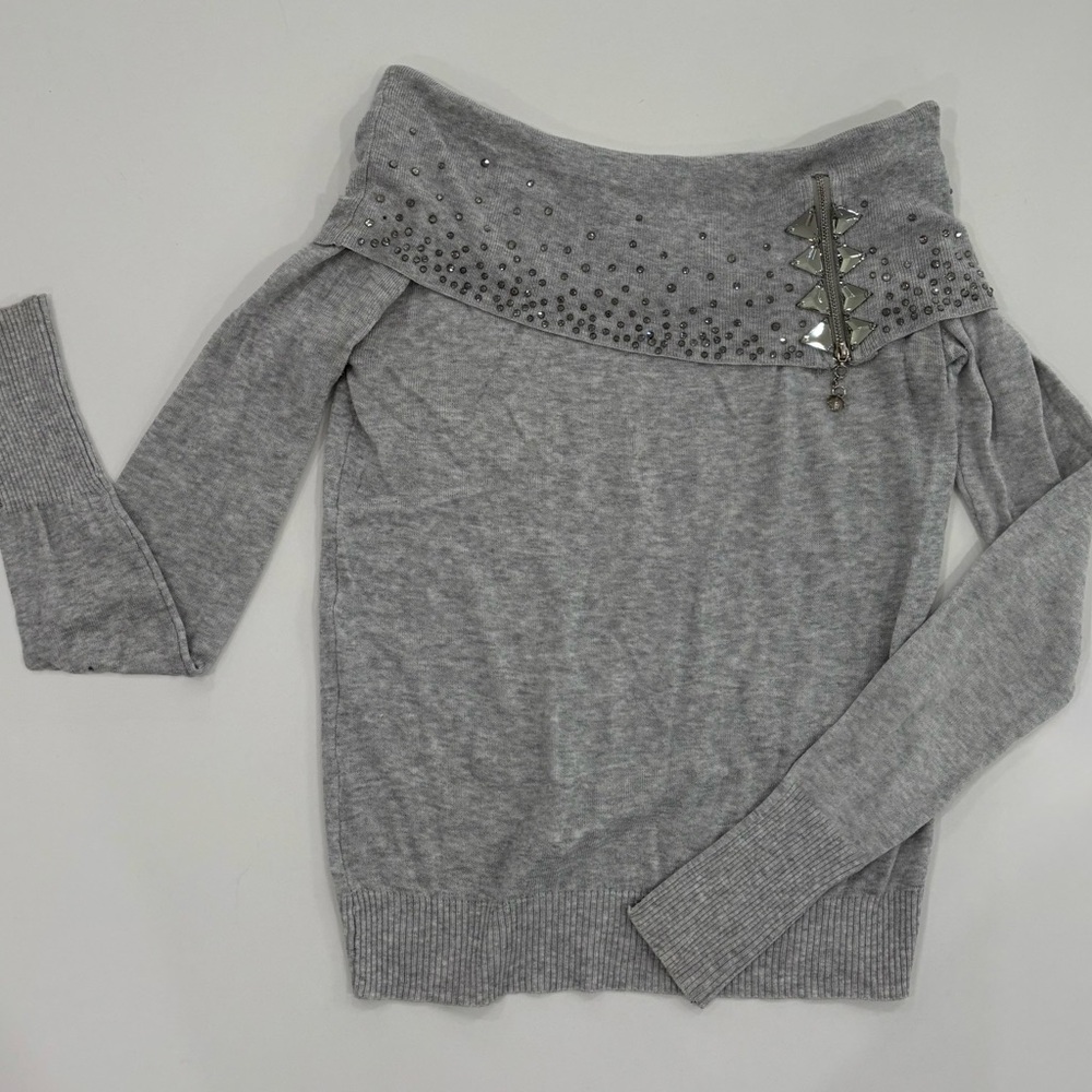 Off-Shoulder Light Gray Knit Top with Crystal Details — Made in Italy S/M